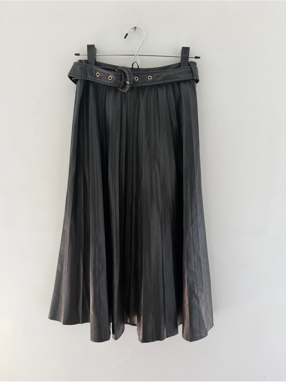 Zara Black Vegan Leather Pleated Midi Skirt with Wrapped Belt